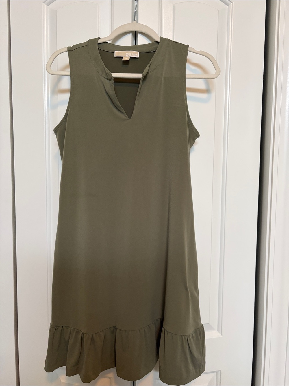 Michael Kors Sleeveless Olive Green Shift Dress with Ruffle Hem